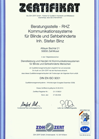 ISO 9001 - Zertifizierungsurkund